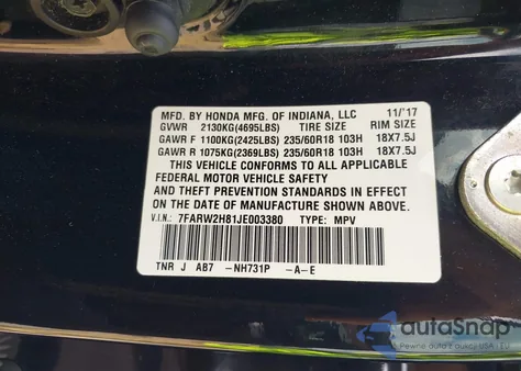 2018 Honda Cr-V Ex-L/Ex-L Navi from USA, damaged, VIN 7FARW2H81JE003380